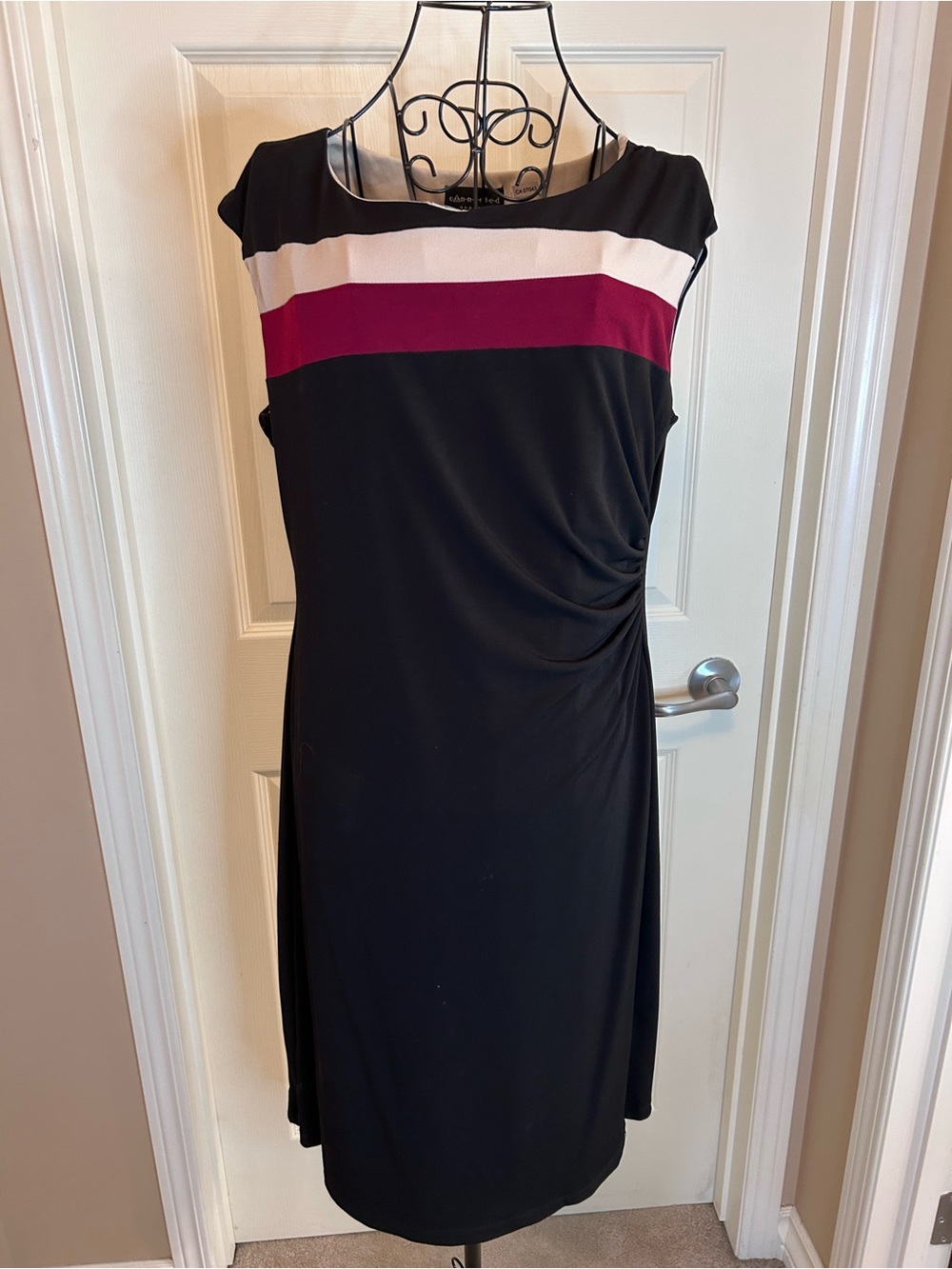 connected apparel Black Sleeveless Shift Dress with White and Burgundy Bands